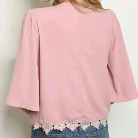 V-Neck Wide Top with Lace Trim and Bow Tie Detail - Picture 5 of 6